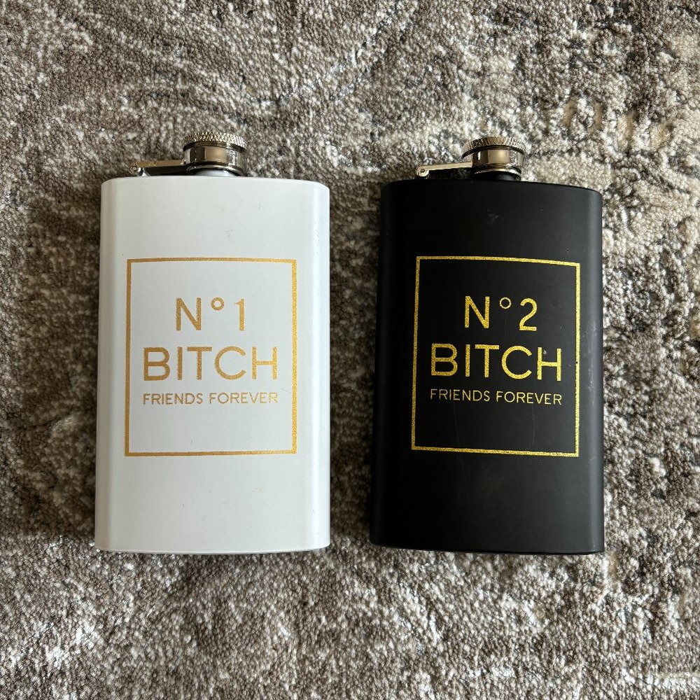 Womens Funny Best Friends Matching Flasks No1 and No2 Black and White